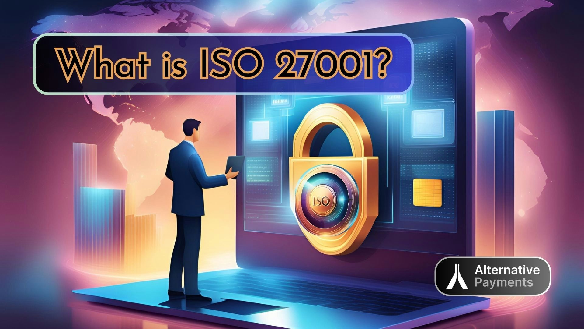 A digital image representing ISO/IEC 27001 and its impact on financial operations, with elements of security and payments integrated. The top left corner of the image features the theme of the title, stating “What is ISO 27001?” in black lettering outlined in gold using thin professional lettering, which is overlaid on top of a circular rectangle with a black and dark blue gradient and mildly transparent, which is also outlined in the same light purple. The Alternative Payments logo, in white and grey lettering, is in the bottom right corner, which is also overlaid on top of a circular rectangle with a black gradient color scheme.