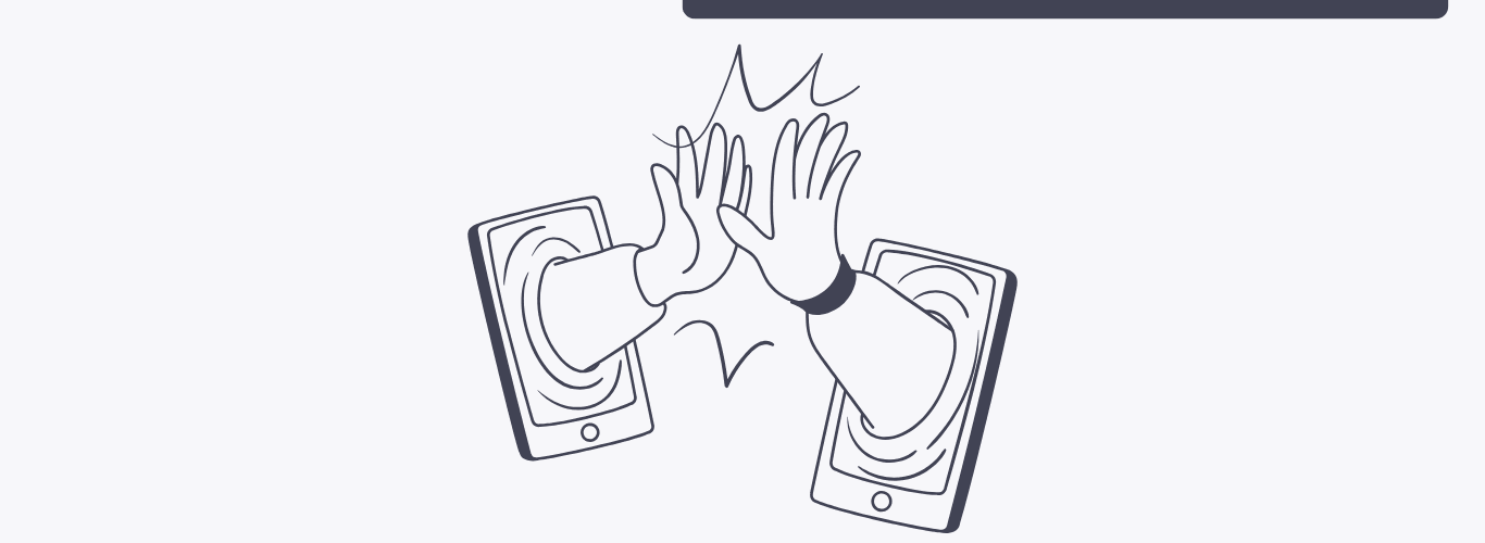 Two hands reaching through phones to high five each other because of success