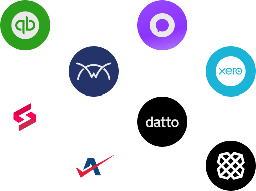 Logos of Alternative Payments integration partners, which includes Quickbooks Online and Desktop by Intuit, Plaid, Xero, Datto's Autotask PSA, NetSuite ERP, ConnectWise PSA, Halo PSA, and SuperOps.ai
