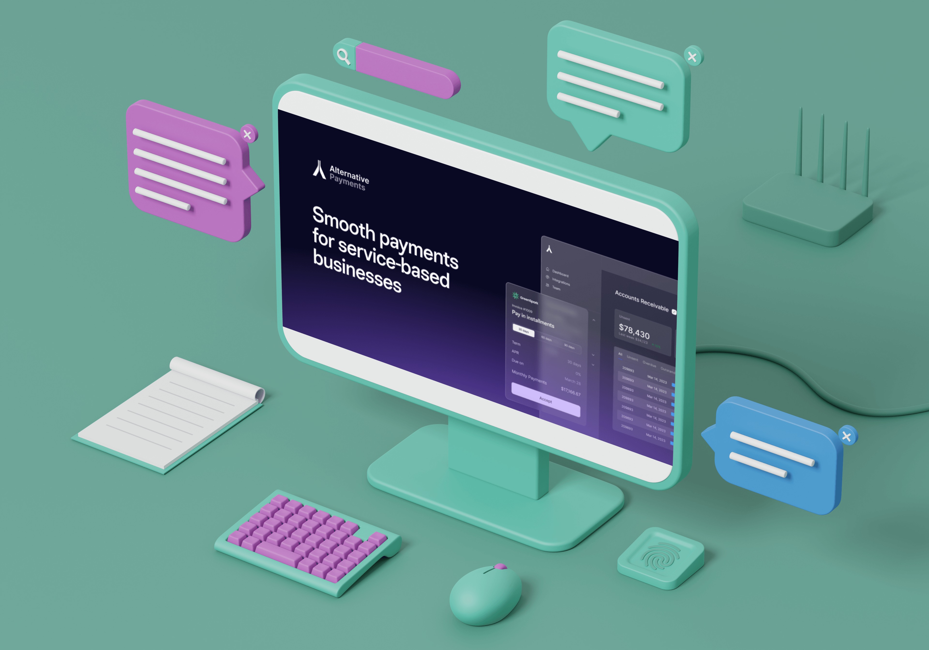 A 3D digital rendering of a desktop computer accompanied by a keyboard, mouse, notepad, graphics representing chats in the air around the screen. On the computer itself is the homepage for the Alternative Payments website.