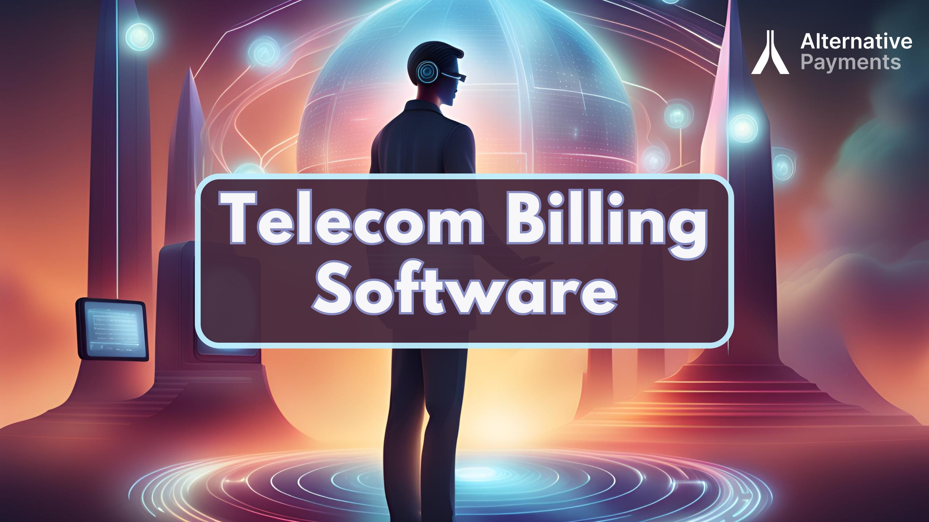 A futuristic image symbolizing digital transformation, featuring elements related to telecommunications, billing software, and automation. The center of the image features the theme of the title, stating “Telecom Billing Software” in white lettering outlined in light purple using bold soft edge lettering, which is both overlaid on top of a circular rectangle dark background and mildly transparent, which is also outlined in the same light purple. The Alternative Payments logo, in white and grey lettering, is in the top right corner.
