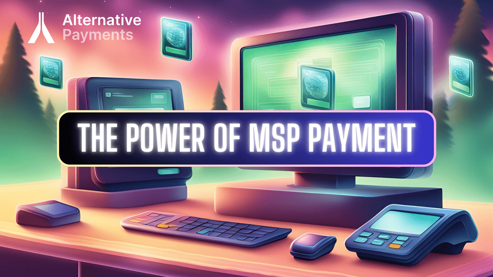 A digital art graphic image showing a digital representation of a smooth transaction process symbolizes the seamless nature of MSP payment systems. In a text box with a glowing effect, the text “The Power of MSP Payment” is written with the Alternative Payments graphic and title logo in the top left corner. The color scheme uses dynamic gradients accompanied by computers and payment processing machines.