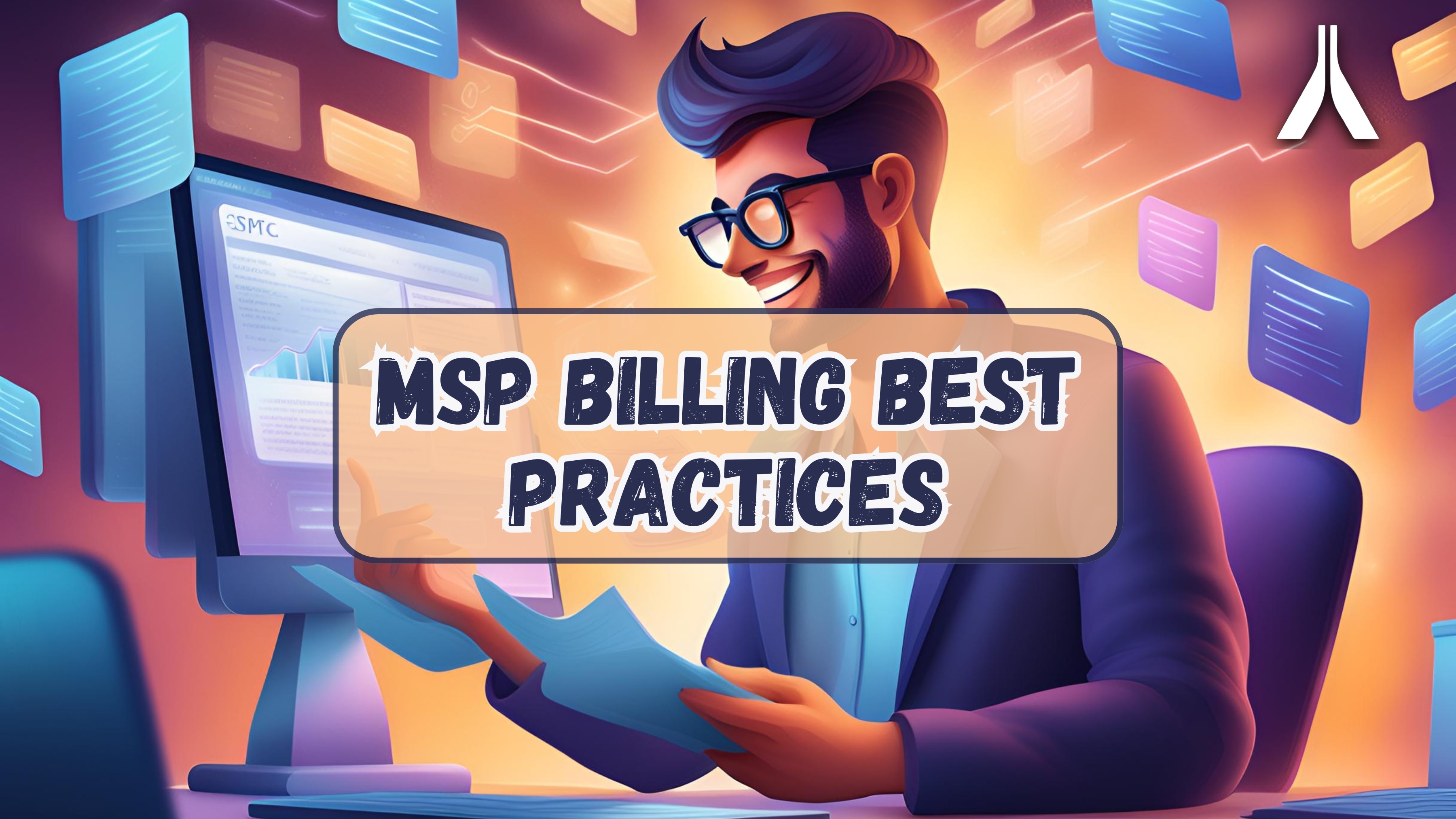 Image showing a business professional reviewing financial documents on a desk, surrounded by charts, graphs, and a laptop, symbolizing seamless, secure, and flexible accounts receivable solutions. The background features a diverse team collaborating, highlighting innovation and partnership in revolutionizing B2B payments. In the center is a round box with the lettering MSP Billing Best Practices.